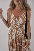 Khaki Floral Shirred High Waist Spaghetti Straps Maxi Dress